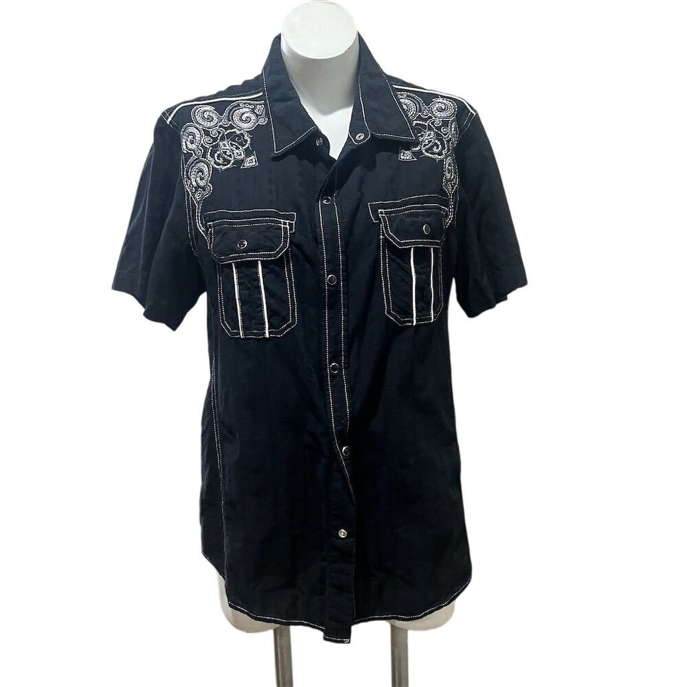 Monarchy Collection Men's Standard XL Black Embroidered Short Sleeve Shirt